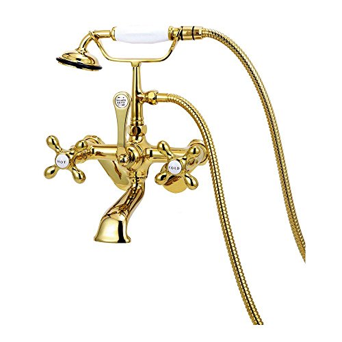 Elizabethan Classics ECTW34PB Tub Filler with Hand Shower, Metal Cross Handles, Polished Brass