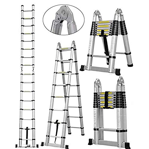 Bowoshen 16.5Ft Aluminum Telescoping A-Frame Ladder EN131 Certificated Telescopic Extension Tall Multi Purpose 16 Steps for Famil