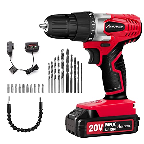 AVID POWER 20V MAX Lithium lon Cordless Drill, Power Drill Set with 3/8 inches Keyless Chuck, Variable Speed, 16 Position and 22