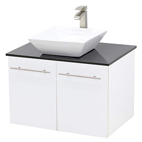 WindBay Wall Mount Floating Bathroom Vanity Sink Set, White Embossed Texture Vanity, Black Flat Stone Countertop Ceramic Sink - 
