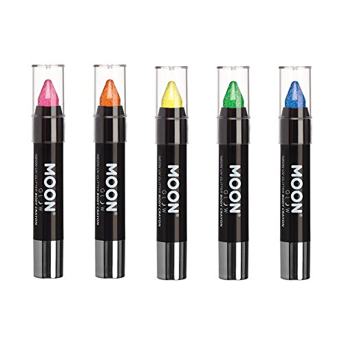 Moon Glow - Blacklight Neon Glitter Face Paint Stick/Body Crayon makeup for the Face & Body - Set of 5 colours - Glows brightly 
