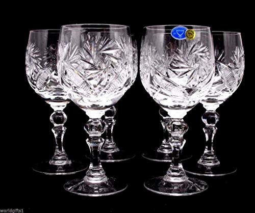 Neman Russian Cut Crystal Red White Wine Glasses Goblets, Stemmed Vintage Design Glassware, 8.5 Oz. Hand Made