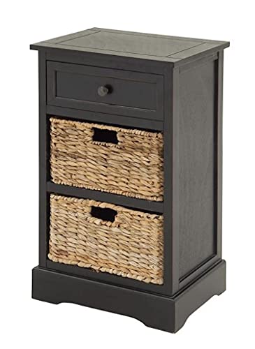 Imported Malibu 3 Drawer Night Stand, Black Side Table With Wicker Baskets