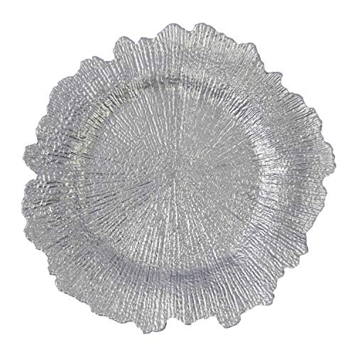 Welmatch Silver Plastic Reef Charger Plates - 12 pcs 13 Inch Round Floral Sponge Charger Plates Wedding Party Decoration (Silver, 12)