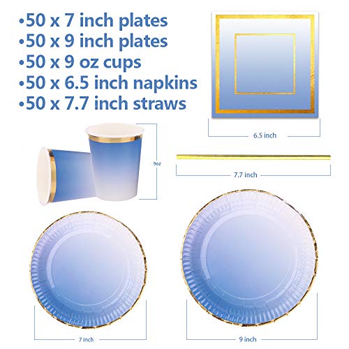 Ottin Ombre Royal Blue Party Supplies Paper Plates and Napkins Set 50-counts Disposable for Mother Birthday Wedding Party Bridal