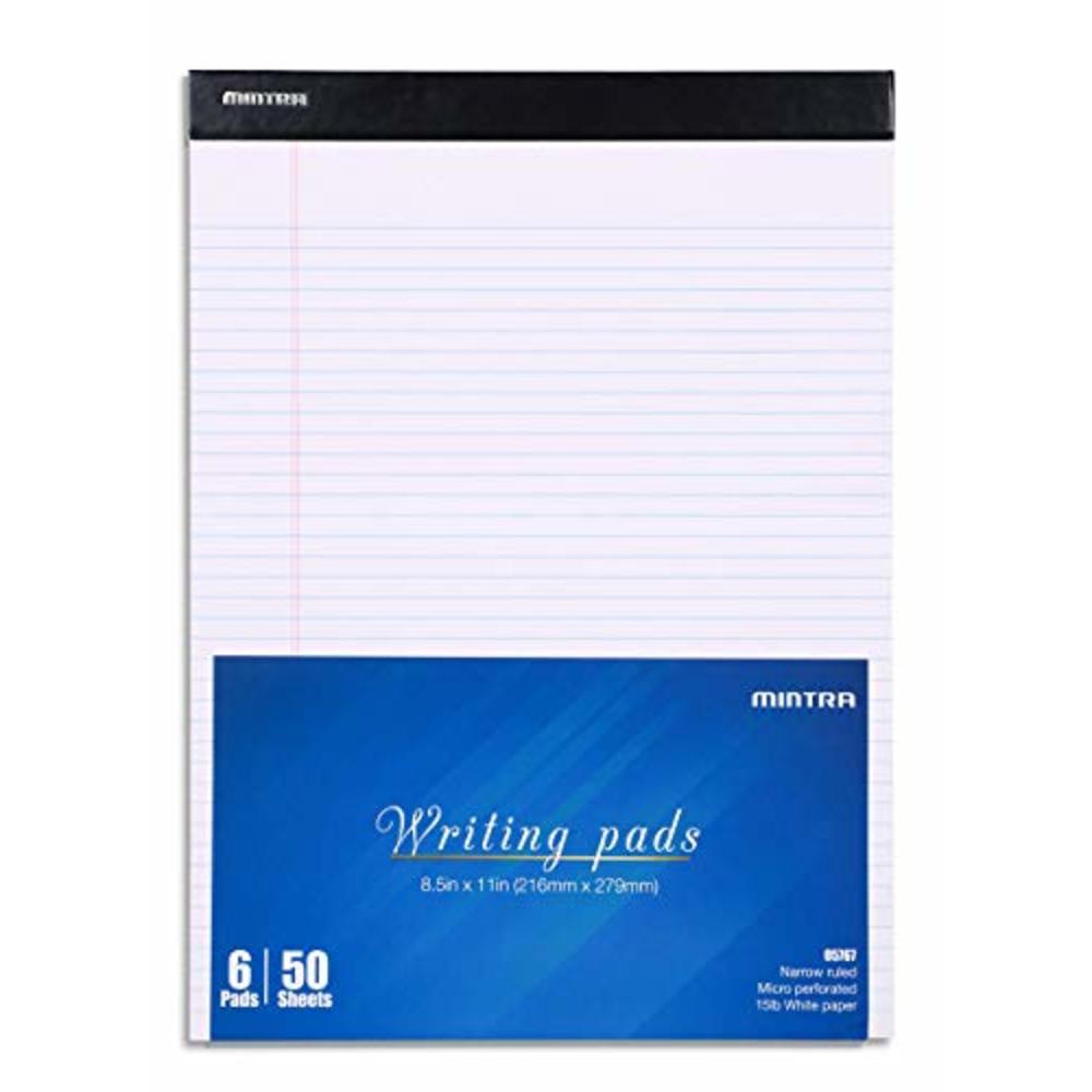 Mintra Office Legal Pads - ((BASIC WHITE 6pk, 8.5in x 11in, NARROW RULED)) - 50 Sheets per Notepad, Micro perforated Writing Pad