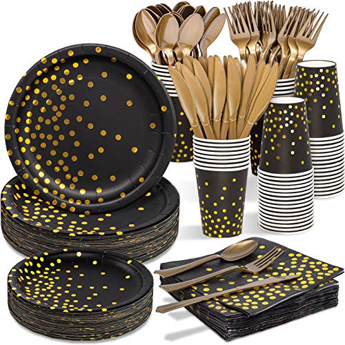 Tiblue Black & Gold Party Supplies - 350 PCS Disposable Dinnerware Set Black Paper Plate Napkin Cup Gold Plastic Fork Knives Spoon for 