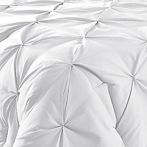 Comfy Bedding 3-Piece Pinch Pleat Comforter Set All Season Pintuck Style Double Needle Durable Stitching, Queen, White