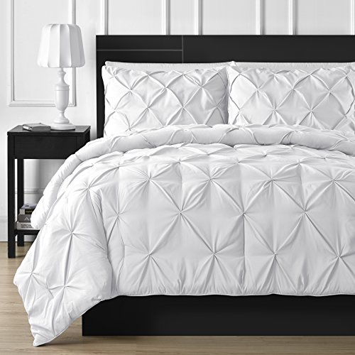 Comfy Bedding 3-Piece Pinch Pleat Comforter Set All Season Pintuck Style Double Needle Durable Stitching, Queen, White