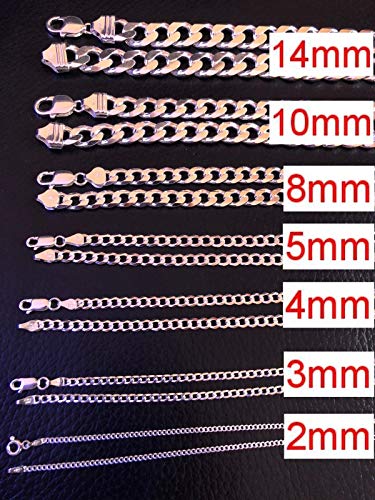 Harlembling Real Solid 925 Sterling Silver Cuban Chain - Flat Curb Necklace 2-14mm - Great for Pendants Or Wear Alone - 3-220 Gr