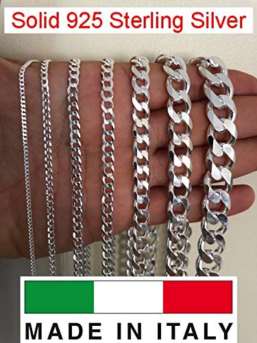 Harlembling Real Solid 925 Sterling Silver Cuban Chain - Flat Curb Necklace 2-14mm - Great for Pendants Or Wear Alone - 3-220 Gr