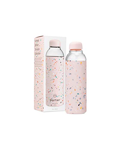 W&P Porter Glass Water Bottle w/ Protective Silicone Sleeve | Terrazzo Blush 20 Ounces | On-the-Go | Reusable Bottle for Coffee,