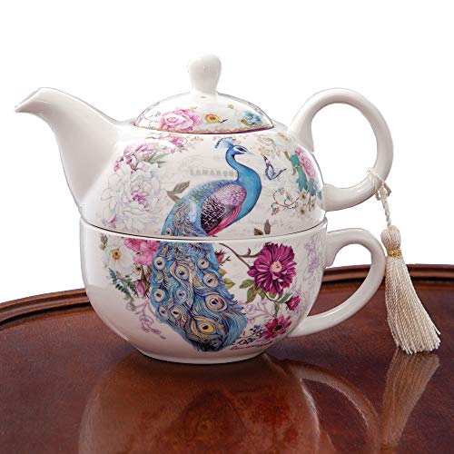 Bits and Pieces - Tea For One Peacock Porcelain Teapot and Cup Set - Elegant Peacock Design With Delicate Tassel on Teapot Handl
