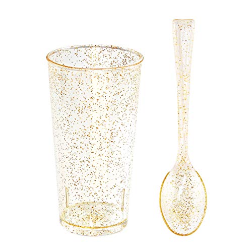 I00000 Small Plastic Dessert Cups with Mini Spoons Gold Glitter, Includes 100 Pieces Disposable Round Shooter Glasses 3 Oz and 1