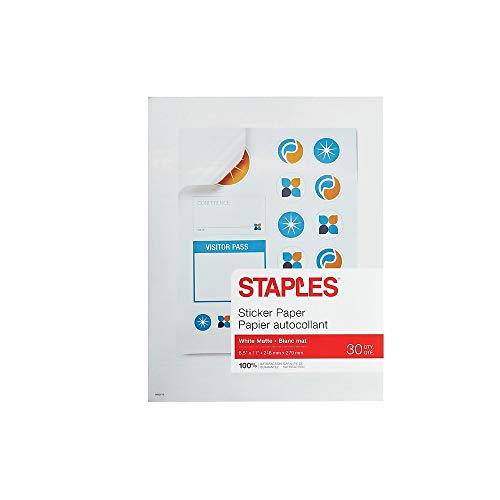 70972 Staples Matte White Sticker Paper 8.5 X 11 (30 Sheets)
