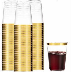 Munfix 100 Gold Plastic Cups 10 Oz Clear Plastic Cups Tumblers Gold Rimmed Cups Fancy Disposable Wedding Cups Elegant Party Cups with G