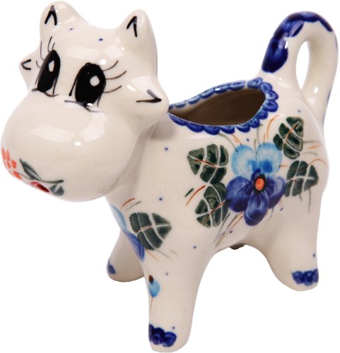 Polish Pottery Ceramika Boleslawiec, 0501/162, Creamer Cow, 1/3 Cup, Royal Blue Patterns with Blue Pansy Flower Motif