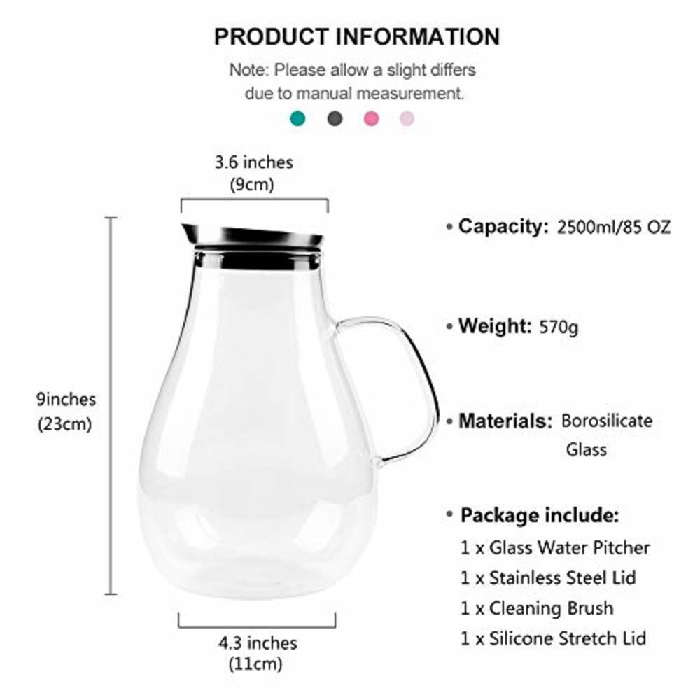 LEAVES AND TREES Y 2.5 Liter Glass Pitcher with Lid, 3/5 Gallon Ice Tea Pitchers, 2.6 Quart Glass Water Jug/Carafe with Handle for Boiling Liquid, 