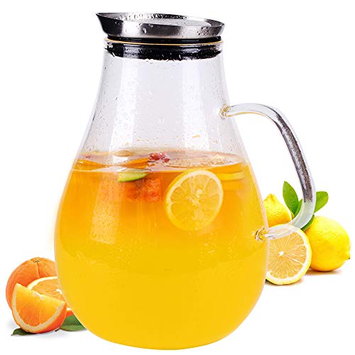 LEAVES AND TREES Y 2.5 Liter Glass Pitcher with Lid, 3/5 Gallon Ice Tea Pitchers, 2.6 Quart Glass Water Jug/Carafe with Handle for Boiling Liquid, 