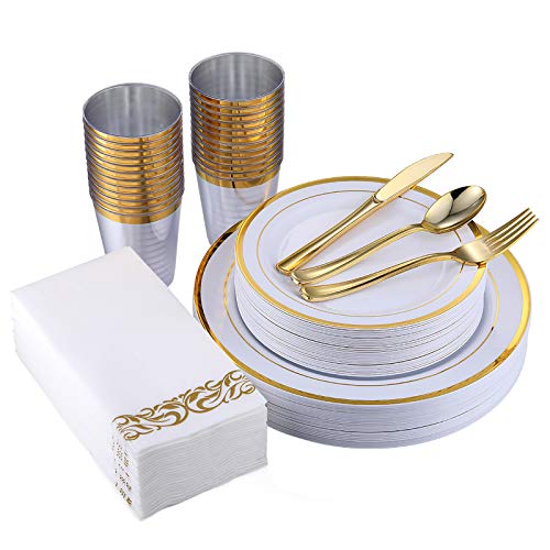 FocusLine 175 Piece Gold Dinnerware Set 25 Guest-50 Gold Rim Plastic Plates-25 Gold Plastic Silverware-25 Gold Plastic Cups-25 Linen Like 