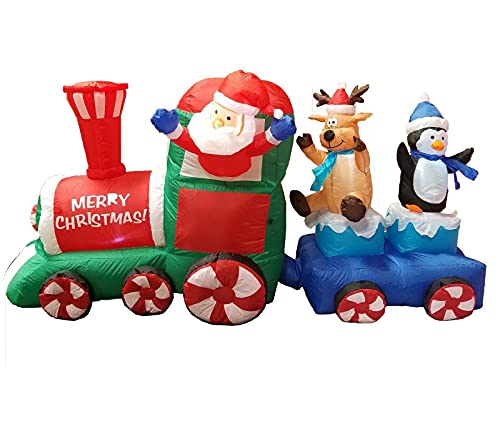 Blossom Inflatables 7 Foot Long Lighted Christmas Inflatable Santa Claus Reindeer Penguin on Train Lighted LED Lights Blowup Indoor Outdoor Garden Y