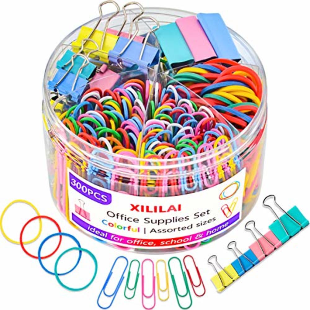 XILILAI Paper Clips Binder Clips, Colored Office Clips Set - Assorted Sizes Paperclips Paper Clamps Rubber Bands for Office and School S
