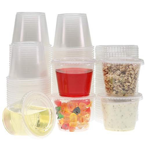 Freshware Plastic Portion Cups with Lids [5.5 Ounce, 100 Sets] Souffle Cups, Jello Shot Cups, Condiment Sauce Containers For Sam