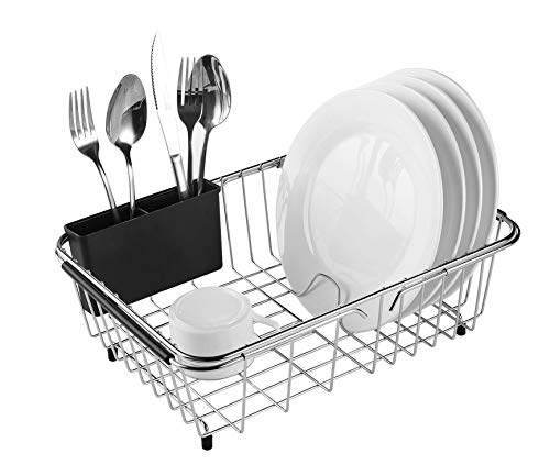 Kesol Expandable Dish Drying Rack, 304 Stainless Steel Over Sink Dish Drainer, Dish Rack in Sink or On Counter with Utensil Drying Rac
