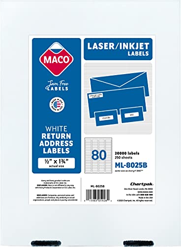 MACO Laser/Ink Jet White Return Address Labels, 1/2 x 1-3/4 Inches, 80 Per  Sheet, 20000 Per Box (ML-8025B)