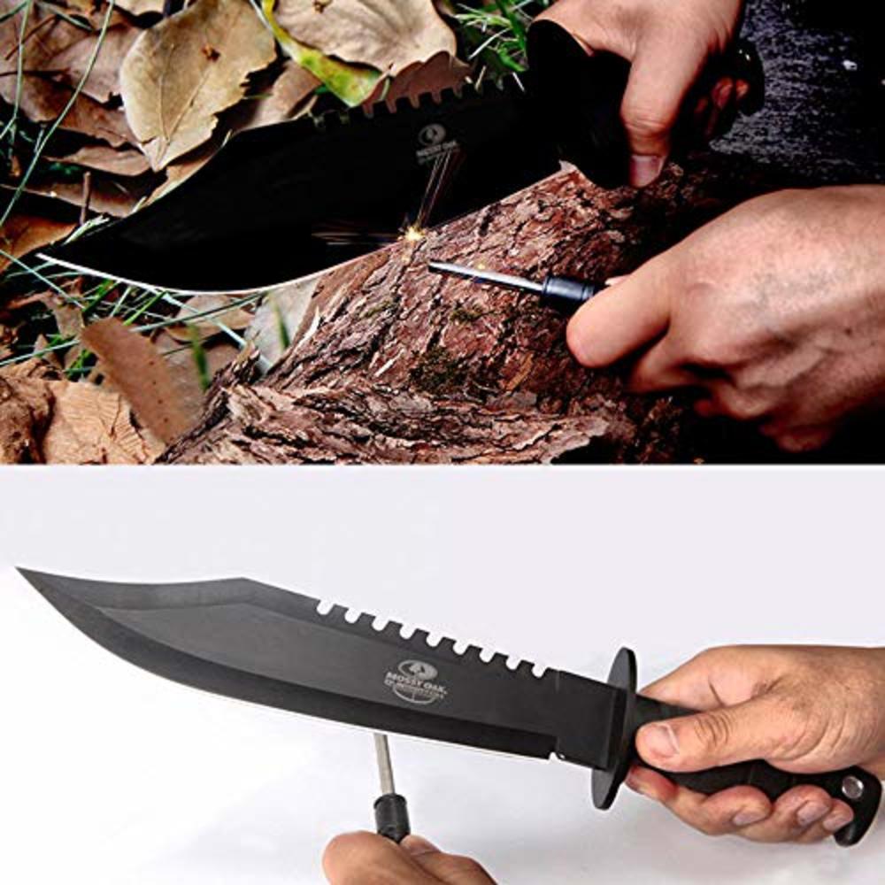 Mossy Oak Survival Hunting Knife with Sheath, 15-inch Fixed Blade Tactical Bowie Knife with Sharpener & Fire Starter for Camping