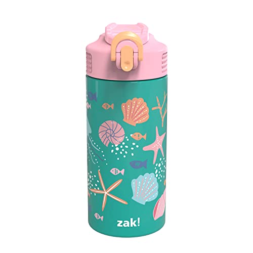Zak! Designs Zak Designs Shells 14 oz Double Wall Vacuum Insulated Thermos Kids Water Bottle, 18/8 Stainless Steel, Flip-Up Straw Spout, Lock