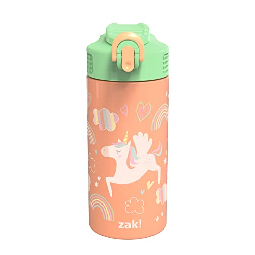 Zak! Designs Zak Designs Unicorn 14 oz Double Wall Vacuum Insulated Thermos Kids Water Bottle, 18/8 Stainless Steel, Flip-Up Straw Spout, Loc
