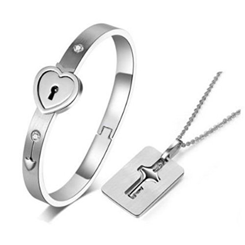Carweilon Heart Lock Love Bracelet Bangle Key Chain Necklace Pendant Lover Jewelry Set For Couple Men Women (Silver)