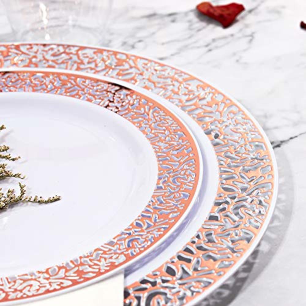BUCLA 350PCS Rose Gold Plastic Plates With Disposable Plastic Silverware& Napkins- Rose Gold Rim Plastic Dinnerware Lace Design 
