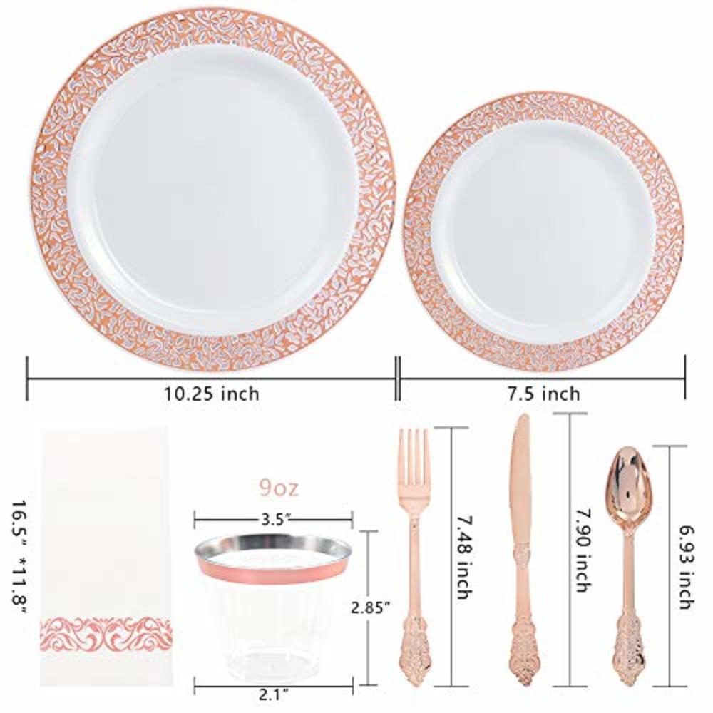 BUCLA 350PCS Rose Gold Plastic Plates With Disposable Plastic Silverware& Napkins- Rose Gold Rim Plastic Dinnerware Lace Design 