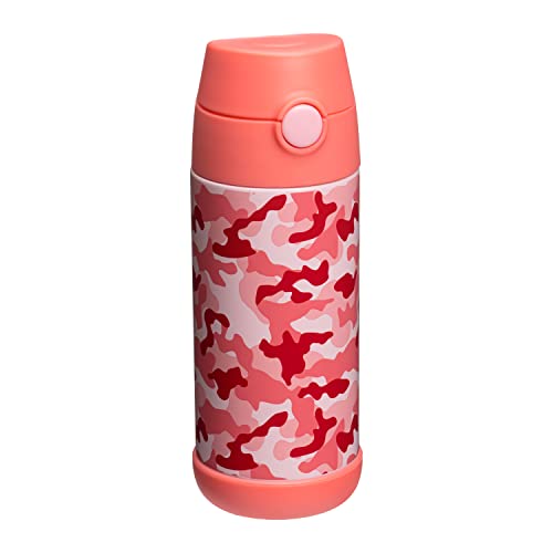 Snug Kids Water Bottle - insulated stainless steel thermos with straw (Girls/Boys) - Pink Camo, 12oz