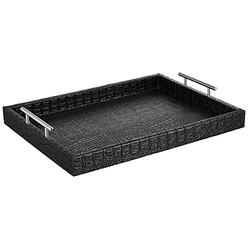 American Atelier Alligator Leather Serving Tray with Metal Handles, Black