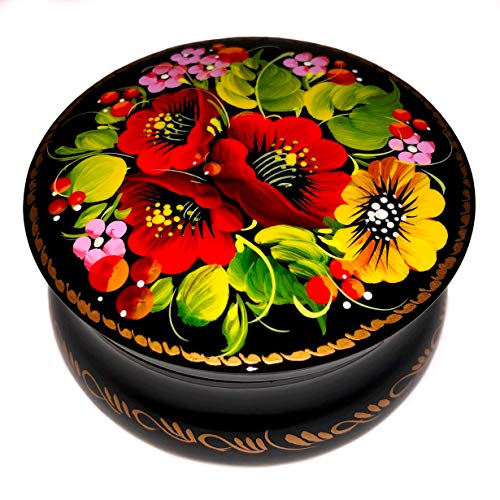 UA Creations Small Round Jewelry Box with Lid for Rings Necklace and Earrings Hand Painted Floral Lacquer Trinket Box
