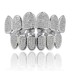 JINAO 18k Gold Plated All Iced Out Luxury Cubic Zirconia Face diamond Grill Silver Teeth Grillz set with Extra Molding Bars Incl