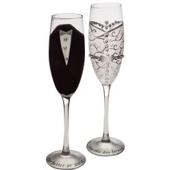 Cypress Home Hand-Painted 8 oz. Bride and Groom Wedding Champagne Toasting Flute Glasses, Set of 2 - Metallic Accents - 6.75”W x
