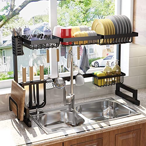 SAYZH Over the Sink Dish Drying Rack 2 Tier Width Adjustable Dish Rack with Utensil Holder Kitchen Drainer Countertop Organizer