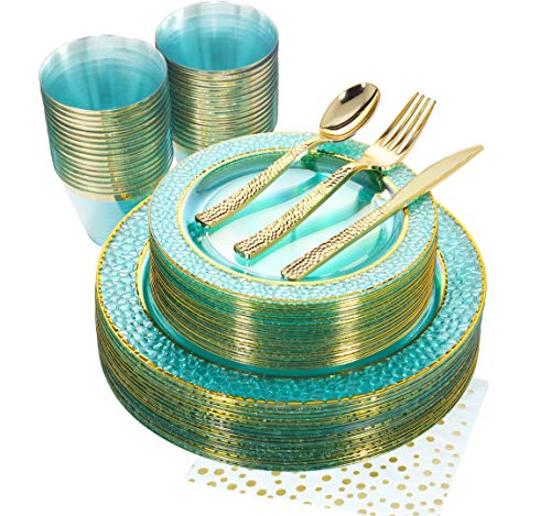 Nervure 175PCS Clear Green Plastic Plates - Gold Plastic Plates include 25 Dinner Plates, 25Dessert Plates, 25Forks, 25Knives, 2