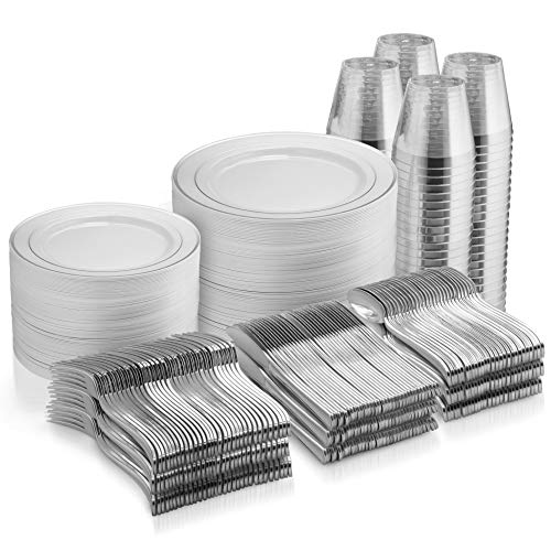 Munfix 600 Piece Silver Dinnerware Set -100 Silver Rim 10 inch Plastic Plates 100 Silver Rim 7 Inch Plates -300 Silver Plastic Silverwa