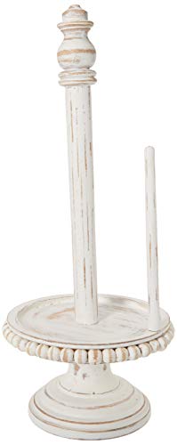 Mud Pie 47100002 Farmhouse Washed Beaded Wood Pedestal Paper Towel Holder, 16" x 6" Dia, White, Grey