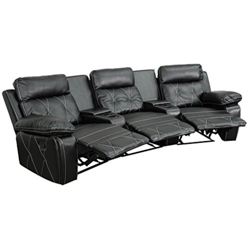 Flash Furniture Reel Comfort Series 3-Seat Reclining Black LeatherSoft Theater Seating Unit with Curved Cup Holders