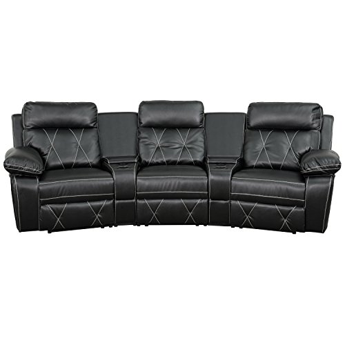 Flash Furniture Reel Comfort Series 3-Seat Reclining Black LeatherSoft Theater Seating Unit with Curved Cup Holders