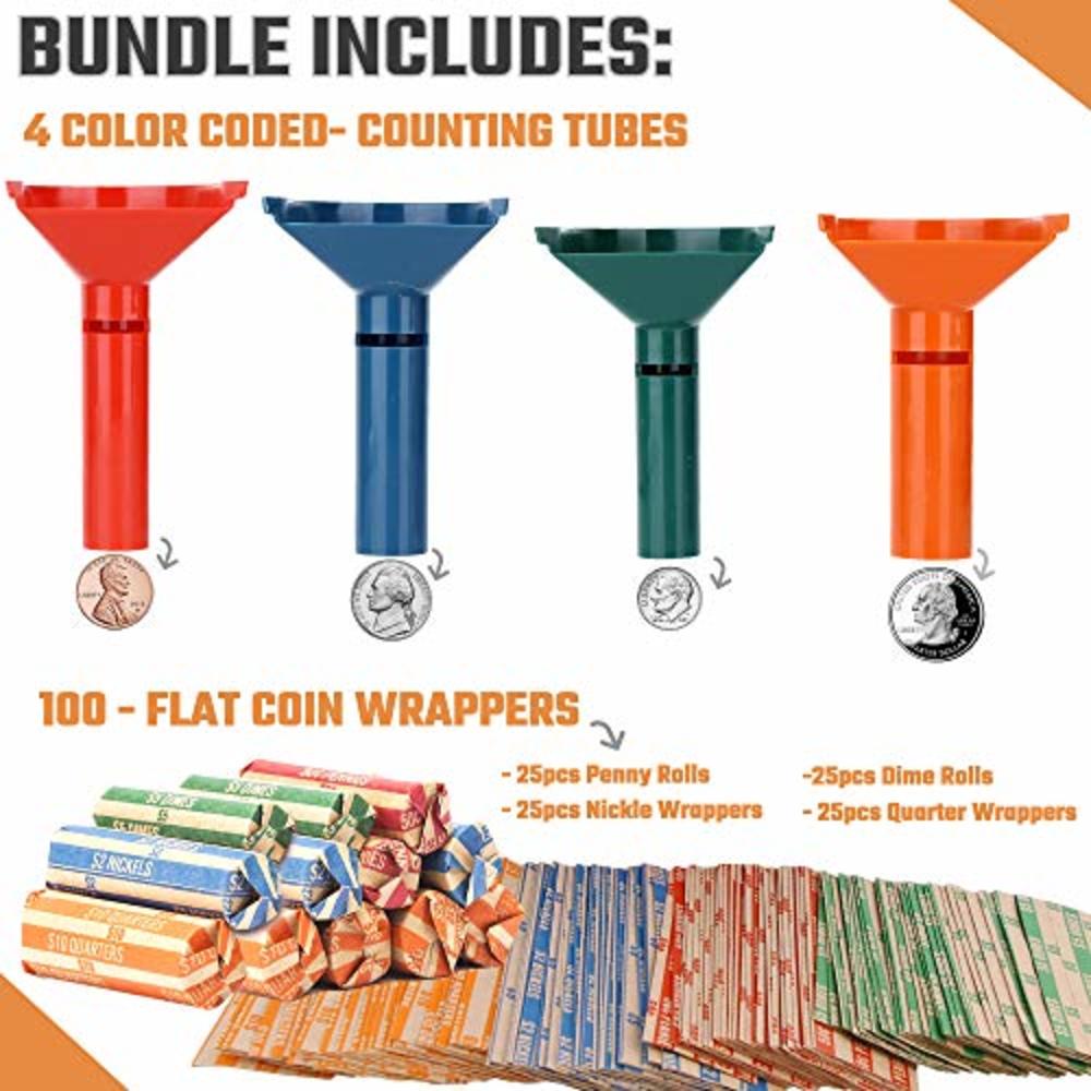 Budgetizer Coin Counters & Coin Sorters Tubes Bundle of 4 Color-Coded Coin Tubes and 100 Assorted Coin Wrappers