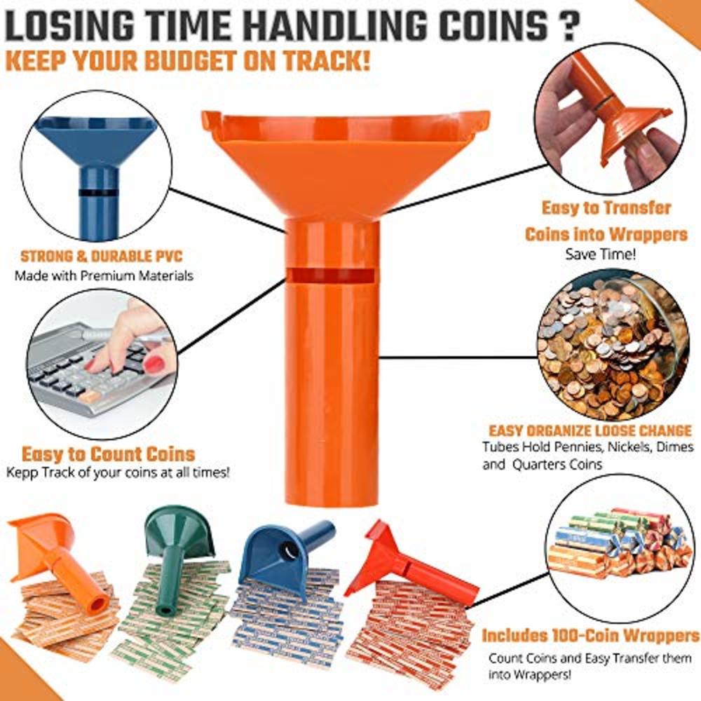 Budgetizer Coin Counters & Coin Sorters Tubes Bundle of 4 Color-Coded Coin Tubes and 100 Assorted Coin Wrappers