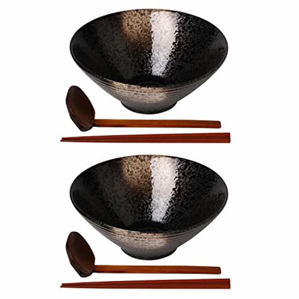 Kanwone Ceramic Japanese Ramen Bowl Set, Soup Bowls - 37 Ounce, with Matching Spoons and Chopsticks for Udon Soba Pho Asian Nood