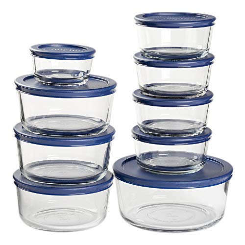 Anchor Hocking 18 Piece Round Glass Food Storage Navy BPA-Free SnugFit Lids, Space Saving Meal Prep Containers